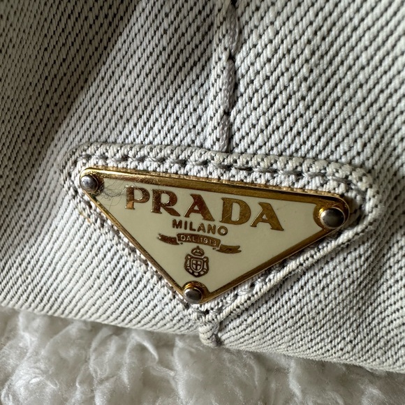 Vintage Prada Small Canapa Denim Logo Tote in Bianco Grey/white - Picture 6 of 16